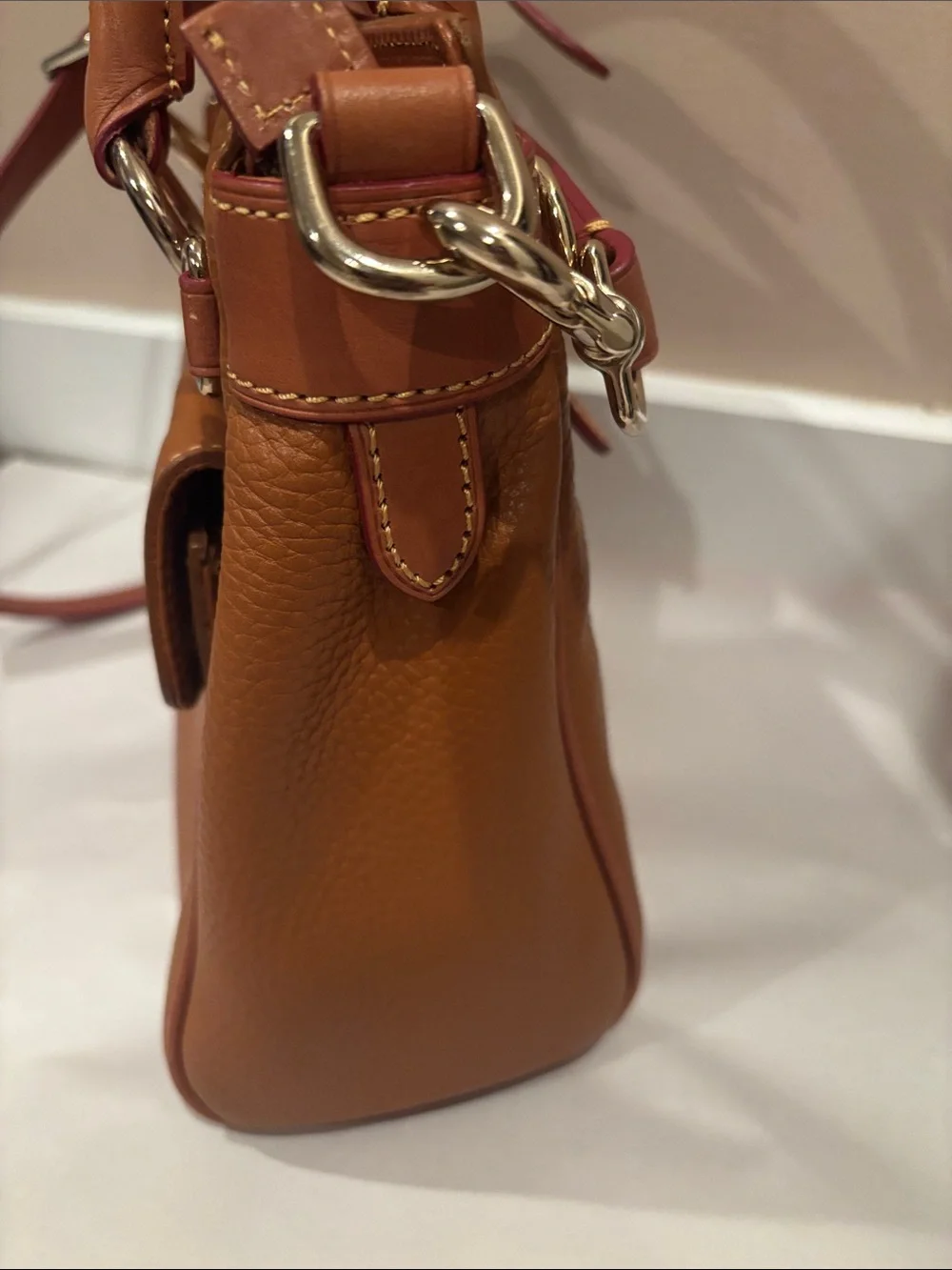 Dooney & Bourke Caramel Tan Pebbled Leather Satchel with Contrast Strap